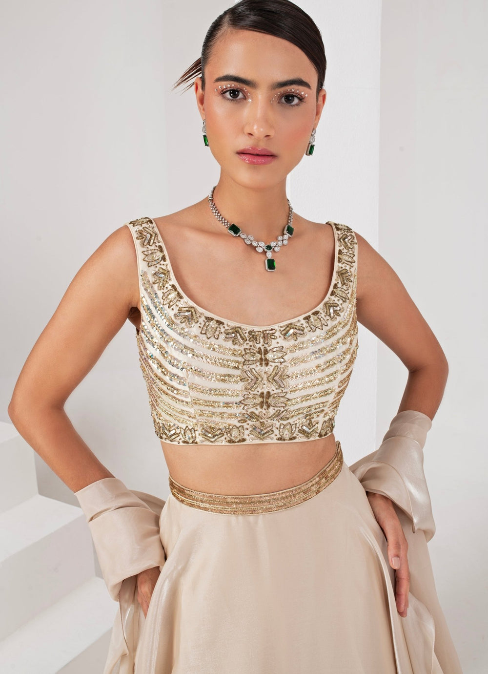 Ivory Embroidered Organza Lehenga set Akara - Fabilicious Fashion