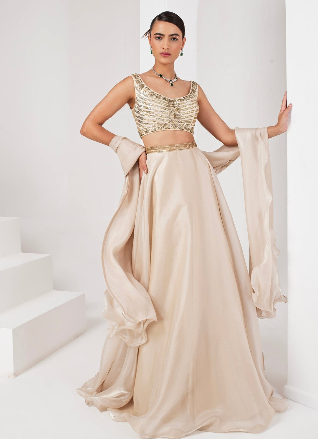 Ivory Embroidered Organza Lehenga set Akara - Fabilicious Fashion