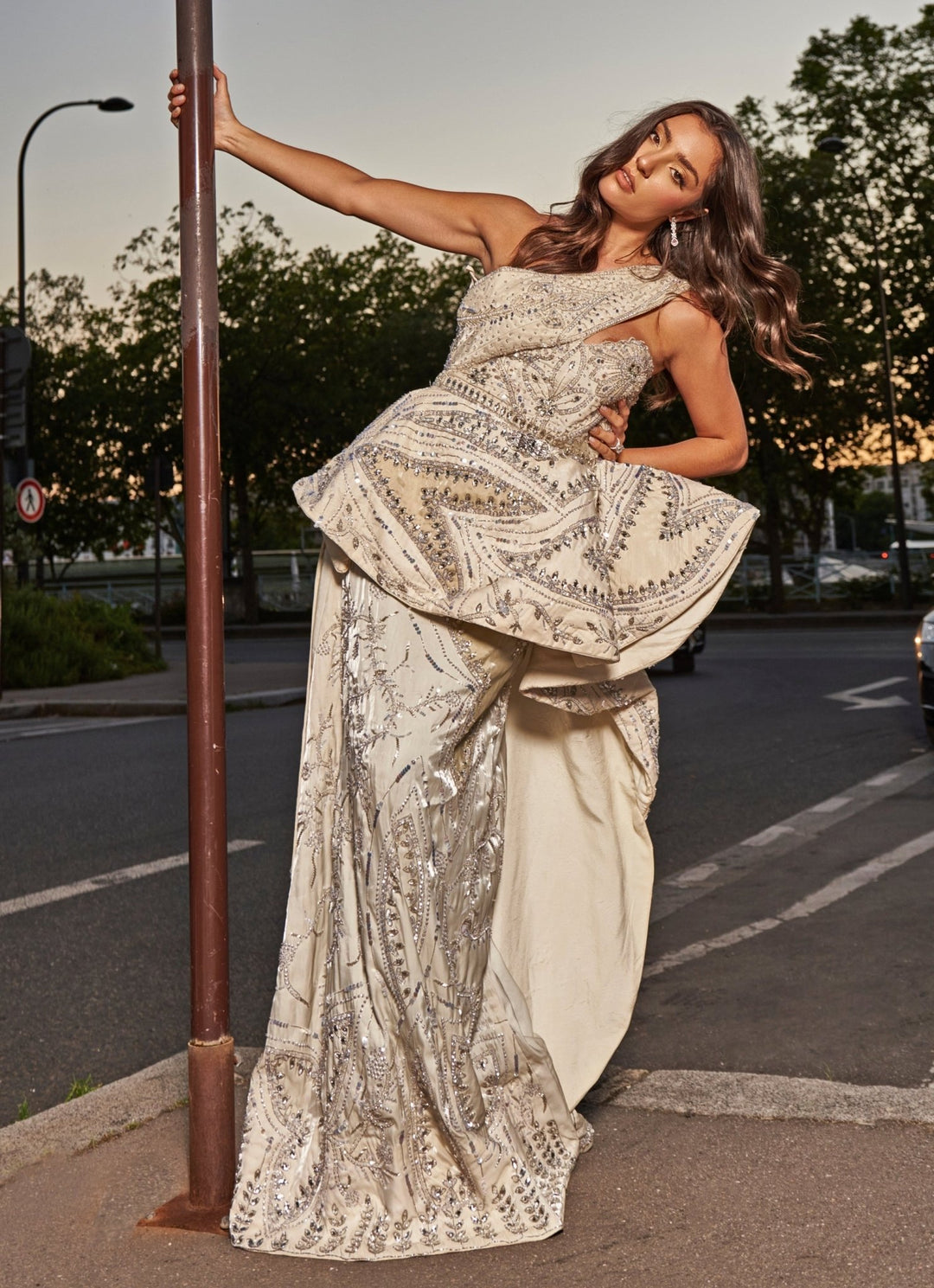 Ivory Embroidered Organza One - Shoulder Gown Jigar and Nikita - Fabilicious Fashion