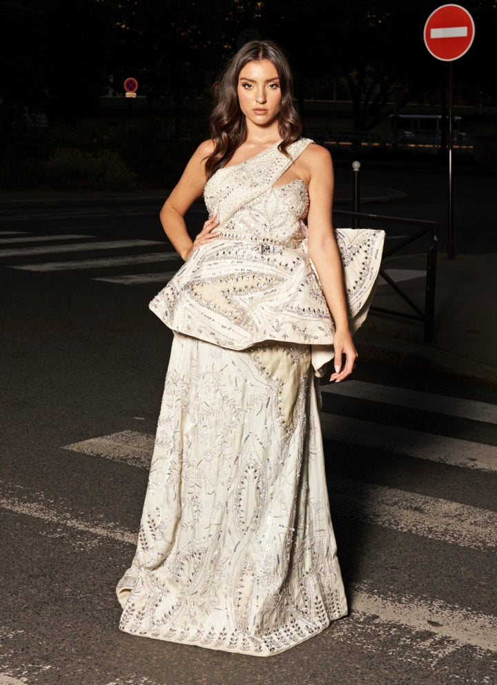 Ivory Embroidered Organza One - Shoulder Gown Jigar and Nikita - Fabilicious Fashion