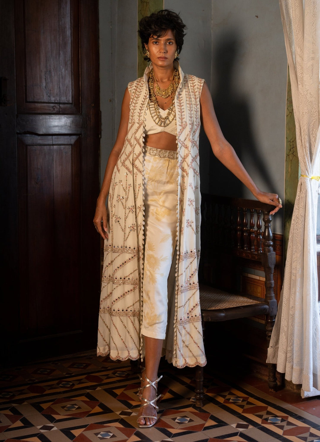 Ivory Embroidered Pant Set With Jacket Paulmi and Harsh - Fabilicious Fashion