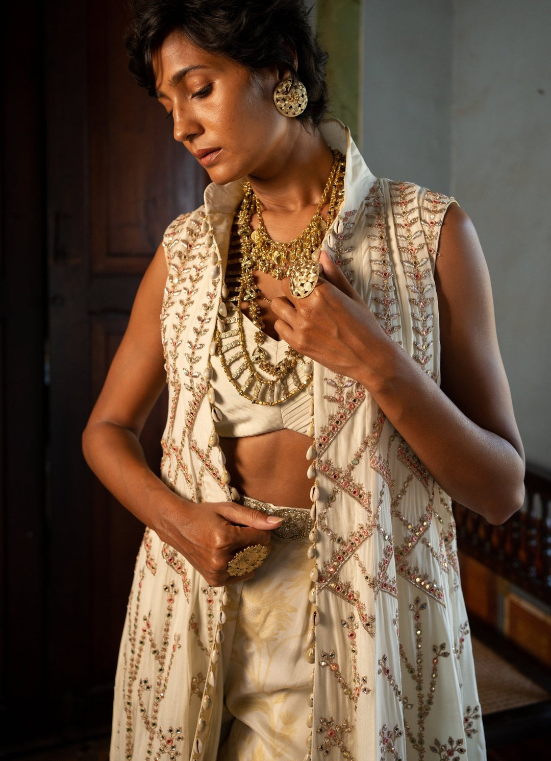 Ivory Embroidered Pant Set With Jacket Paulmi and Harsh - Fabilicious Fashion