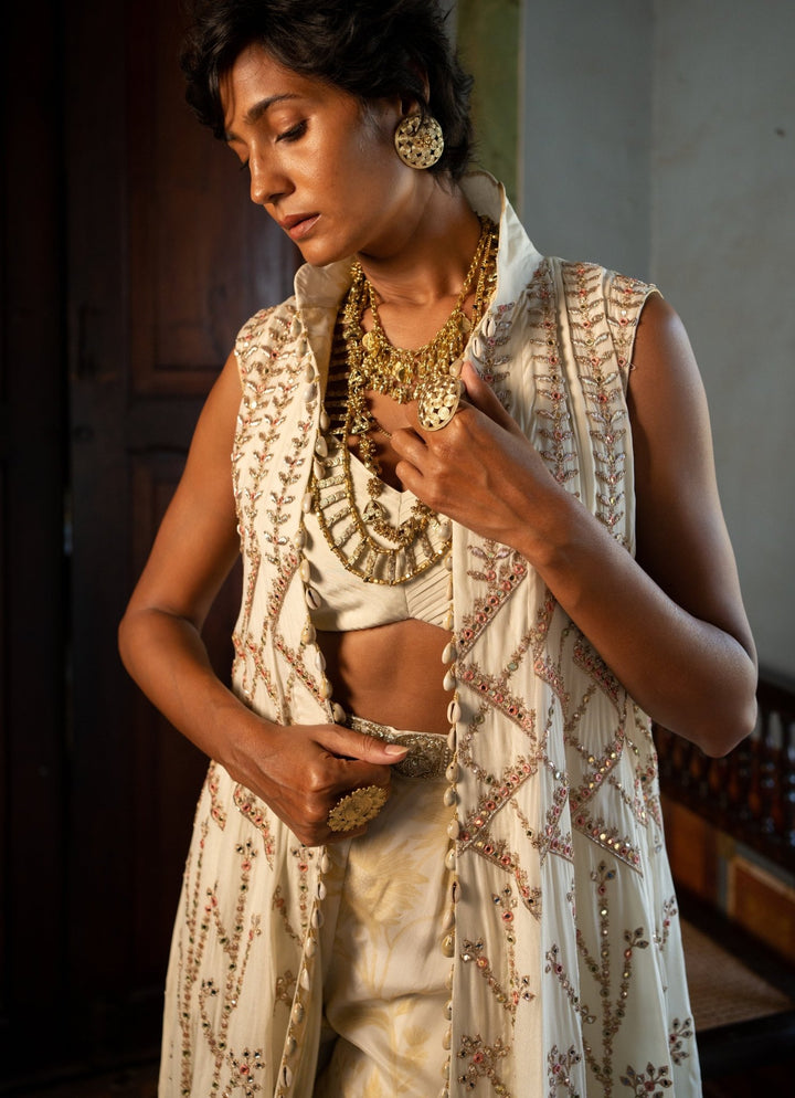 Ivory Embroidered Pant Set With Jacket Paulmi and Harsh - Fabilicious Fashion