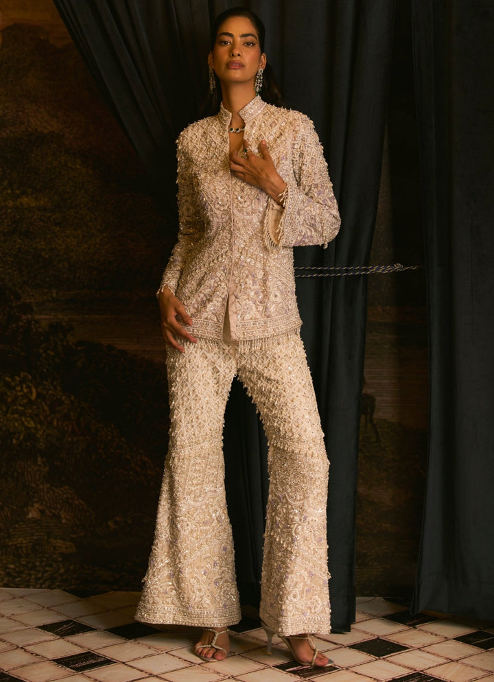 Ivory Embroidered Pearls And Sequinned Jacket Pants Set Mani Bhatia - Fabilicious Fashion