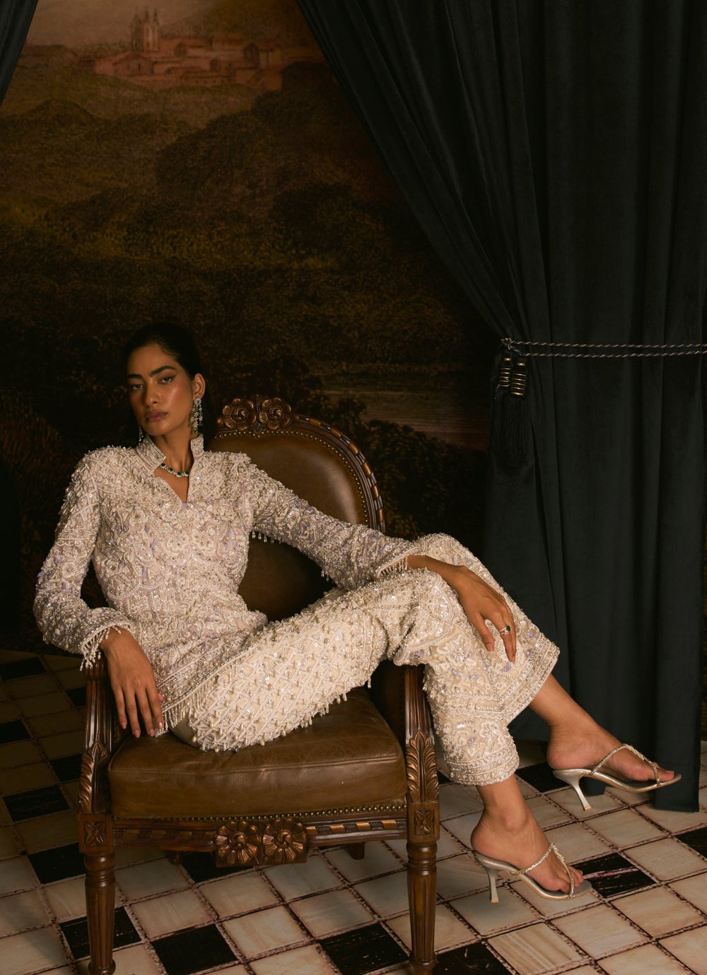 Ivory Embroidered Pearls And Sequinned Jacket Pants Set Mani Bhatia - Fabilicious Fashion