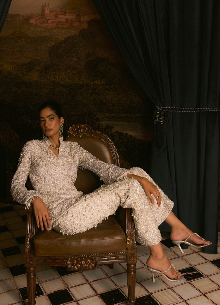 Ivory Embroidered Pearls And Sequinned Jacket Pants Set Mani Bhatia - Fabilicious Fashion