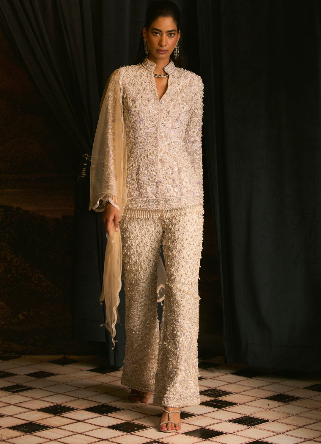 Ivory Embroidered Pearls And Sequinned Jacket Pants Set Mani Bhatia - Fabilicious Fashion