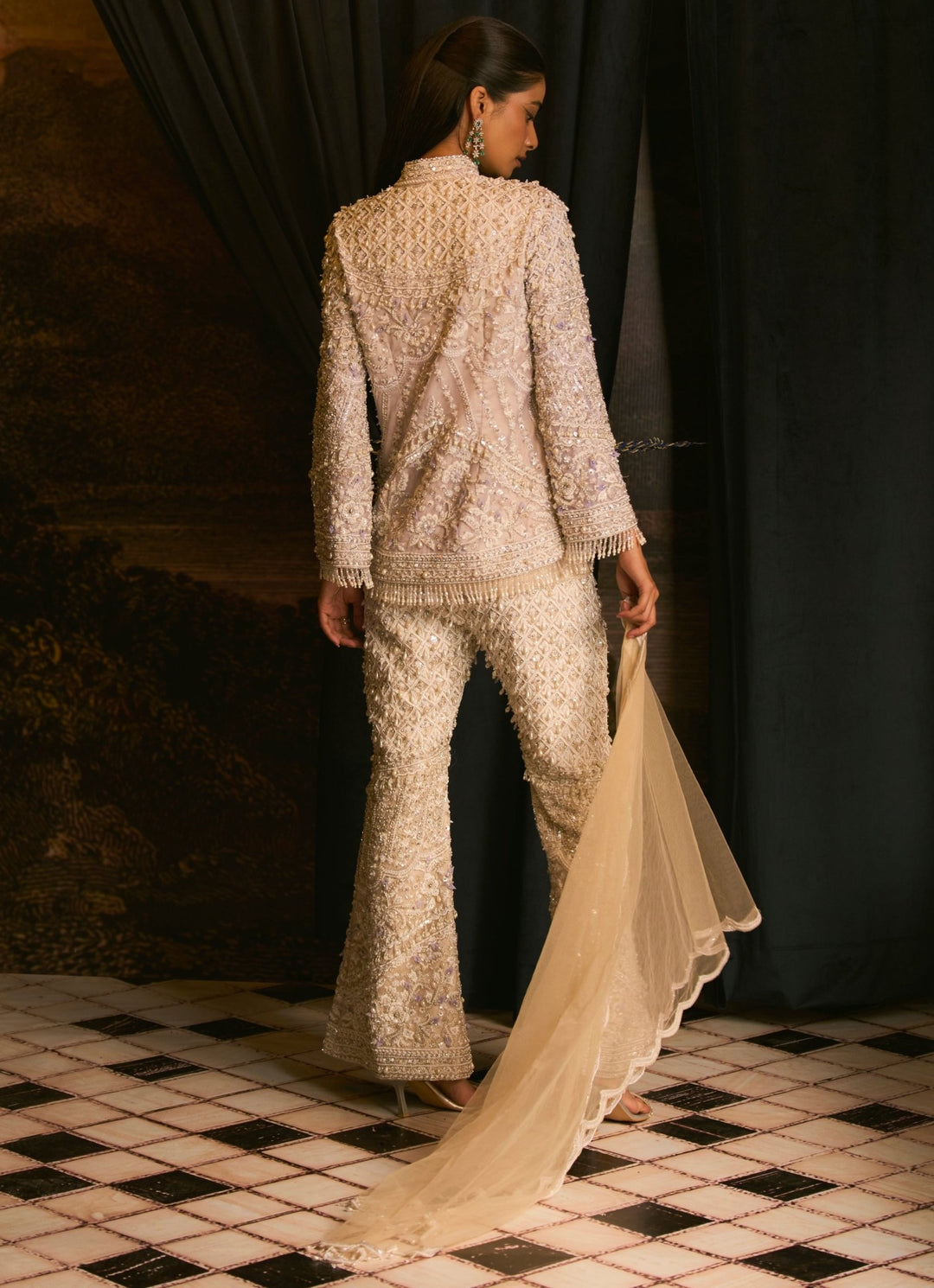 Ivory Embroidered Pearls And Sequinned Jacket Pants Set Mani Bhatia - Fabilicious Fashion
