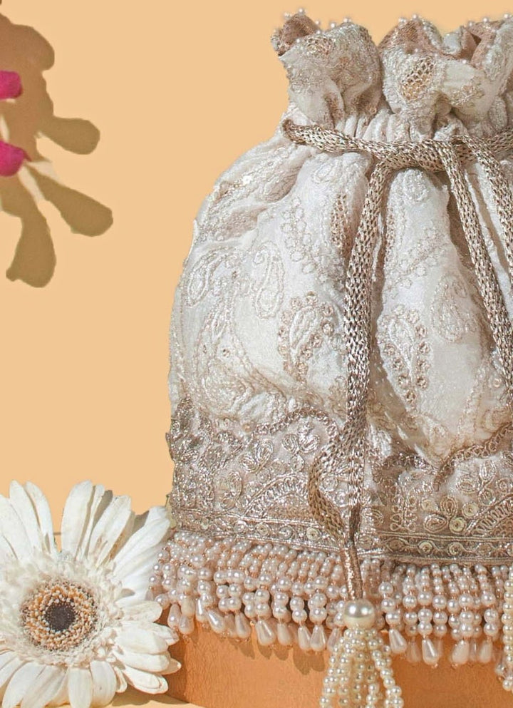 Ivory Embroidered Potli AMYRA - Fabilicious Fashion