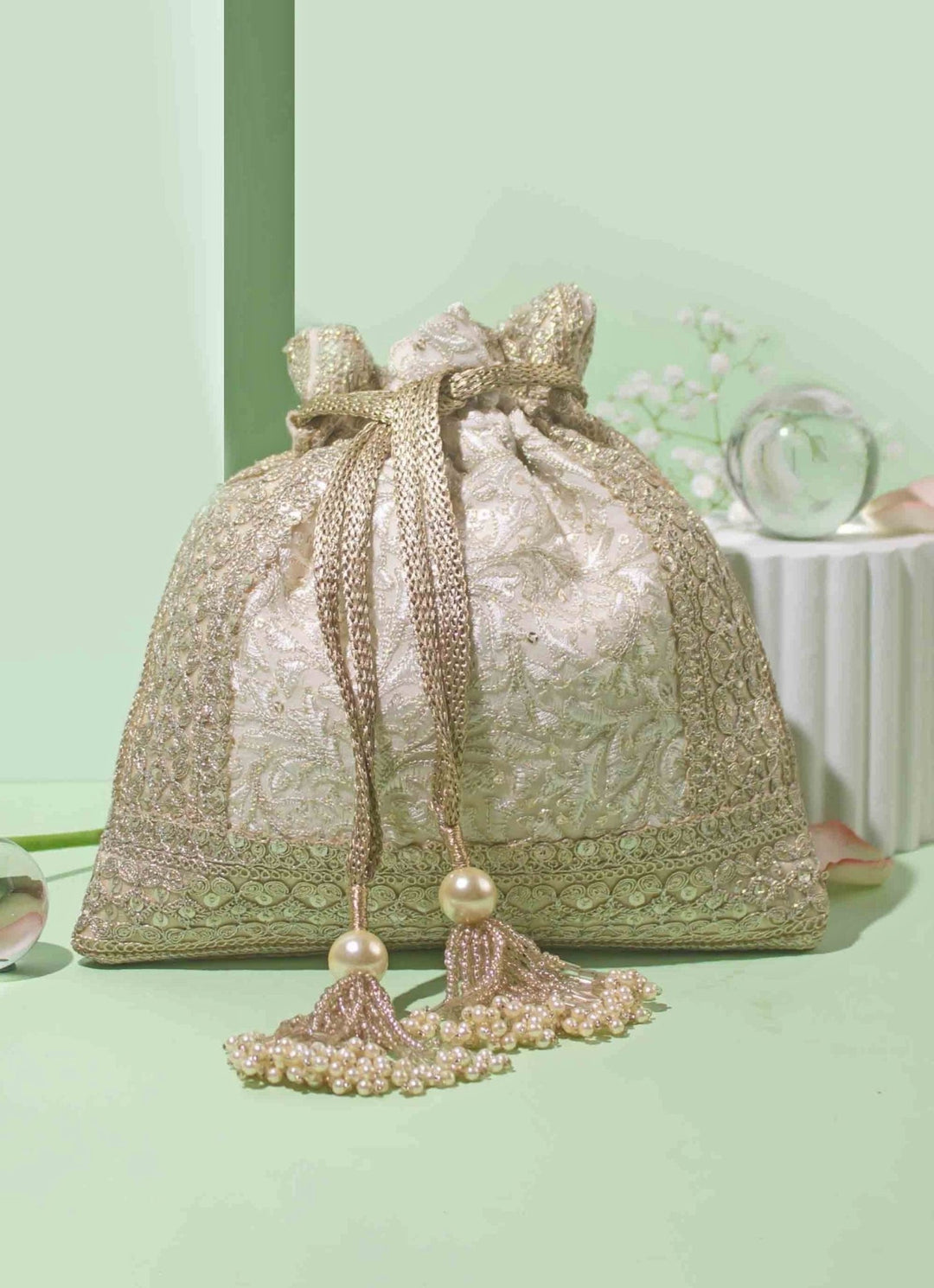 Ivory Embroidered Potli AMYRA - Fabilicious Fashion