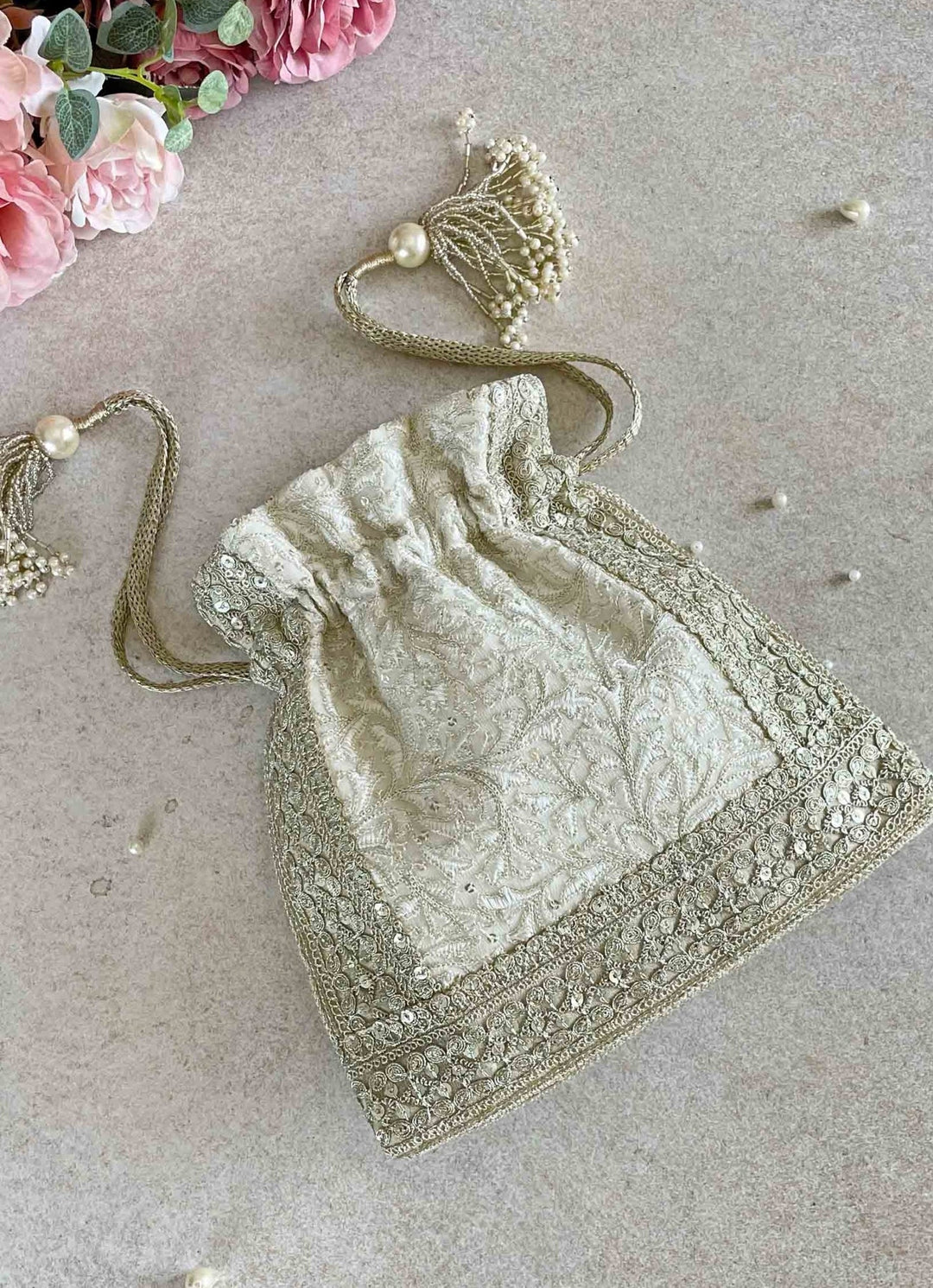 Ivory Embroidered Potli AMYRA - Fabilicious Fashion