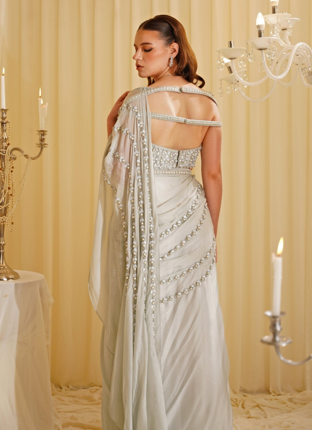 Ivory Embroidered Predraped Organza Saree Jade by Ashima - Fabilicious Fashion