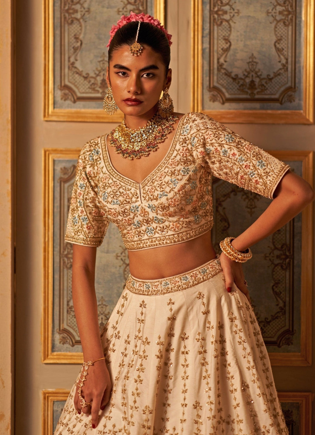 Ivory Embroidered Raw Silk Double Dupatta Lehenga Set Angad Singh - Fabilicious Fashion
