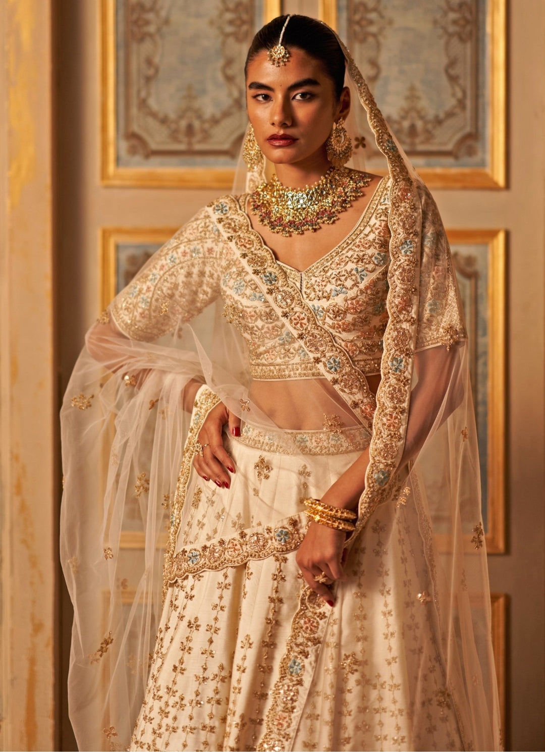 Ivory Embroidered Raw Silk Double Dupatta Lehenga Set Angad Singh - Fabilicious Fashion