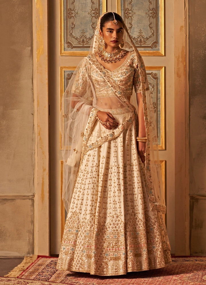 Ivory Embroidered Raw Silk Double Dupatta Lehenga Set Angad Singh - Fabilicious Fashion