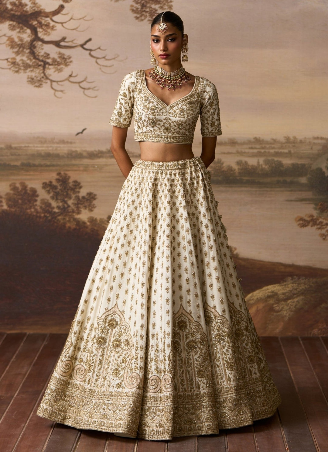 Angad Singh Ivory Embroidered Raw Silk Double Dupatta LehengaFabilicious Fashion