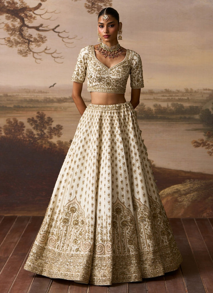 Angad Singh Ivory Embroidered Raw Silk Double Dupatta LehengaFabilicious Fashion