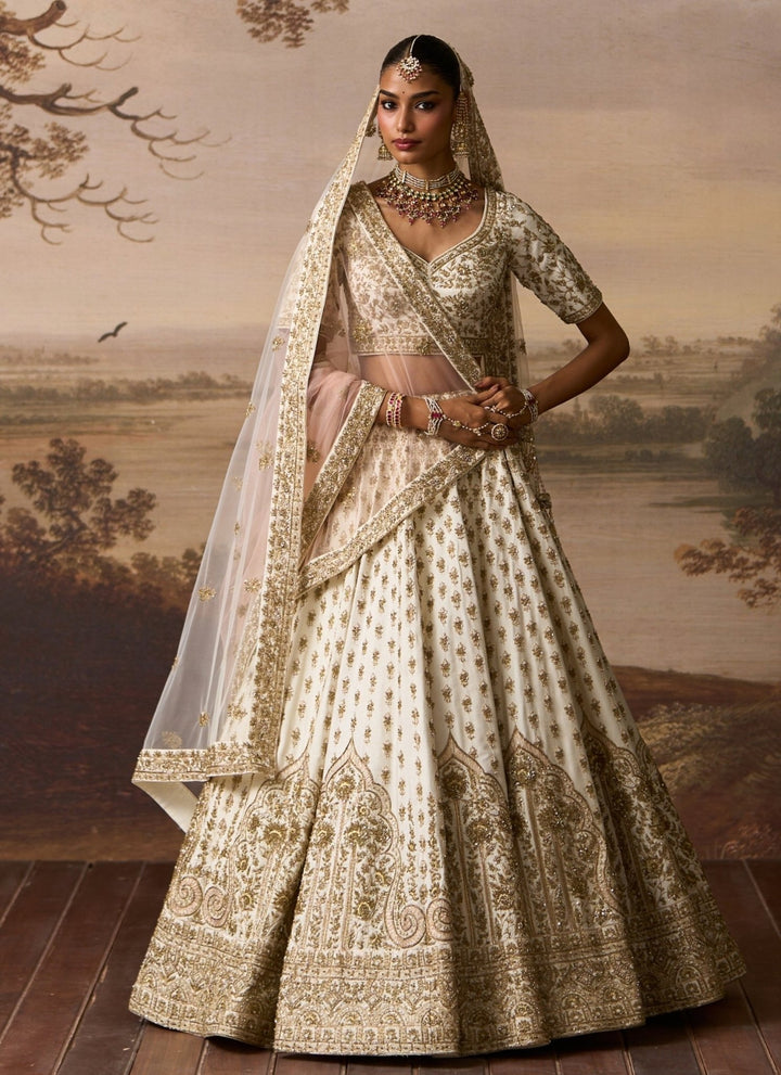 Angad Singh Ivory Embroidered Raw Silk Double Dupatta LehengaFabilicious Fashion