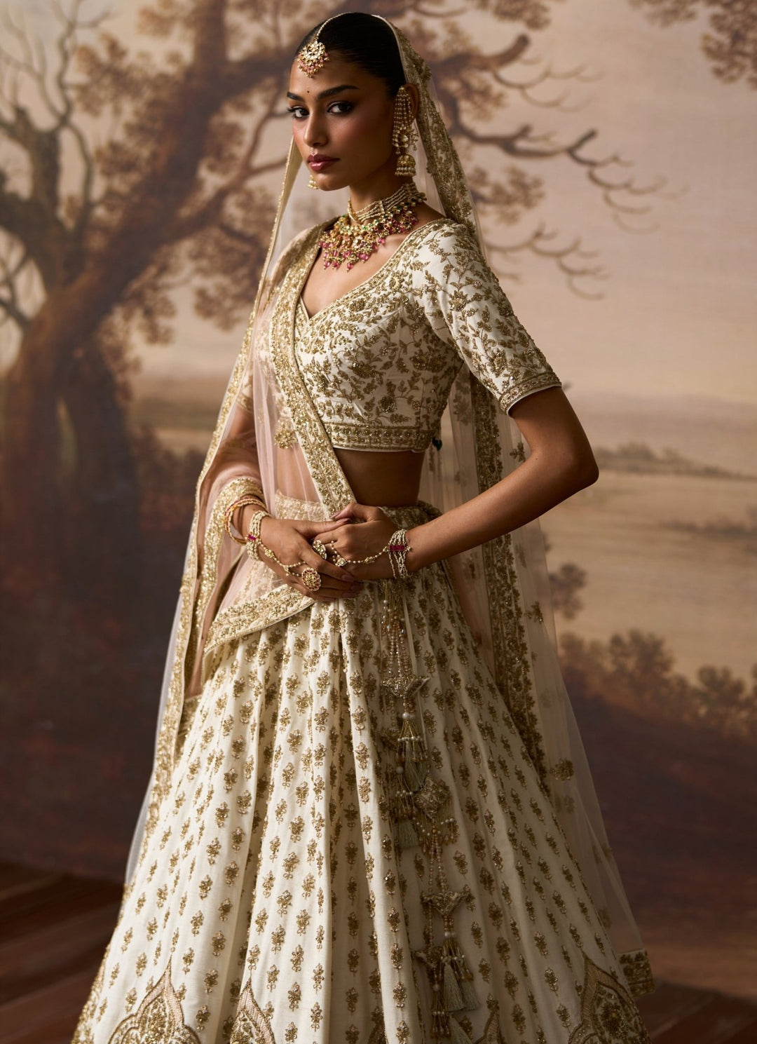 Angad Singh Ivory Embroidered Raw Silk Double Dupatta LehengaFabilicious Fashion