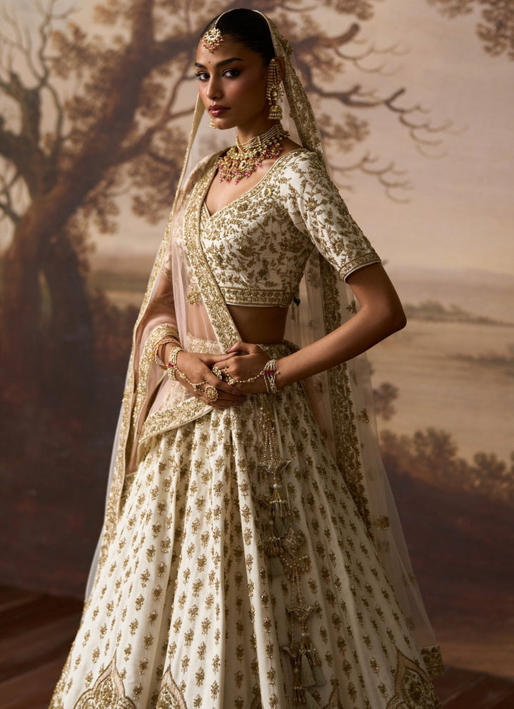 Angad Singh Ivory Embroidered Raw Silk Double Dupatta LehengaFabilicious Fashion