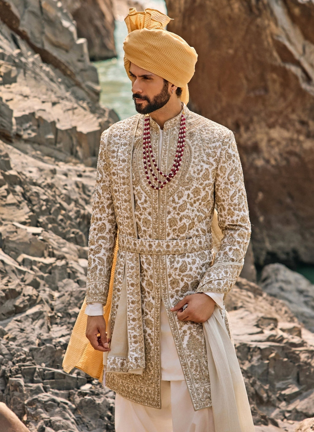 Nitika Gujral - Men Ivory Embroidered Raw Silk Sherwani SetFabilicious Fashion