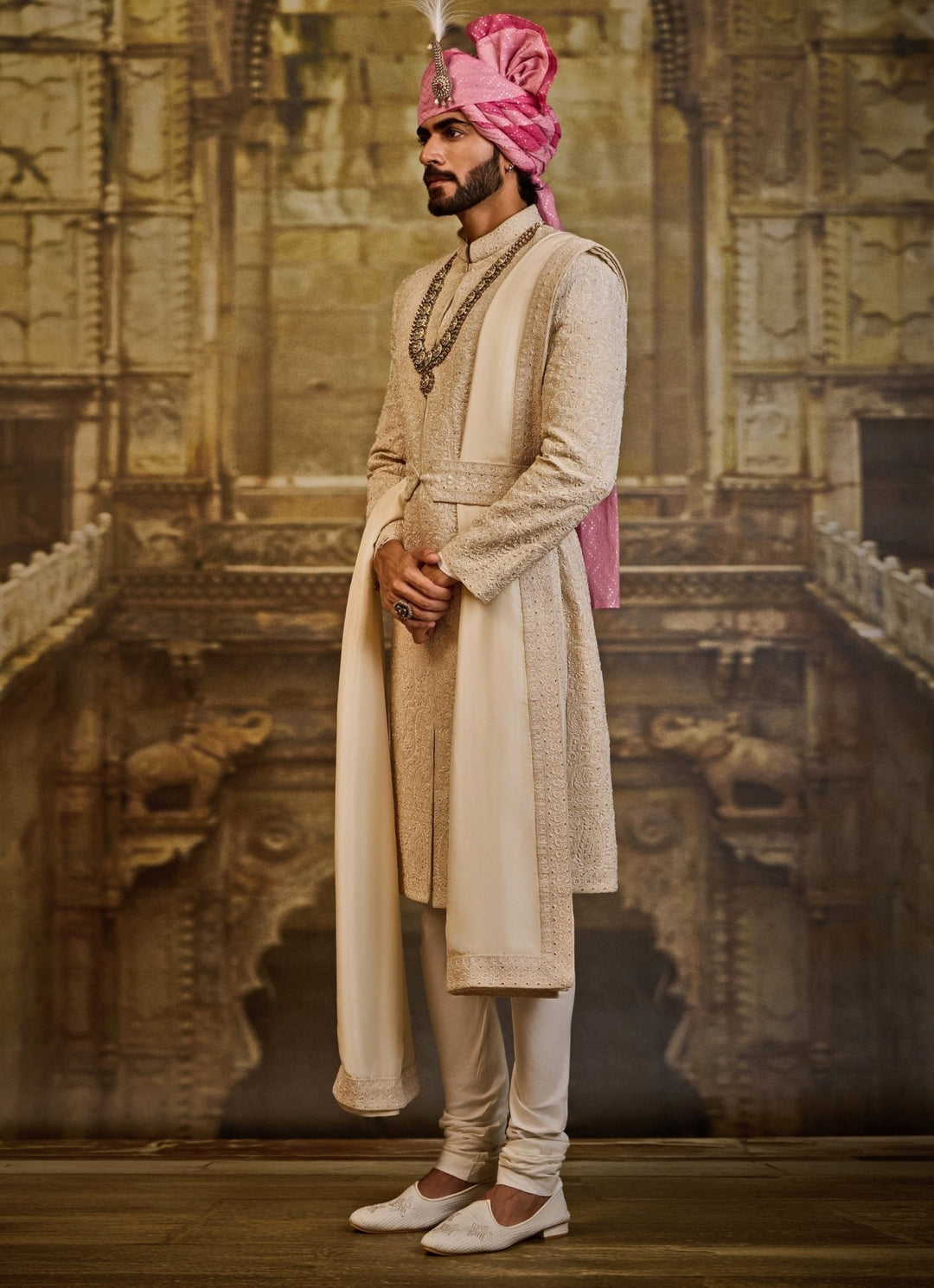 Ivory Embroidered Raw Silk Sherwani Set Nitika Gujral - Men - Fabilicious Fashion