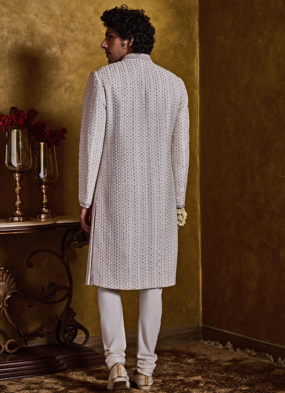 Ivory Embroidered Raw Silk Sherwani Set Nitika Gujral - Men - Fabilicious Fashion