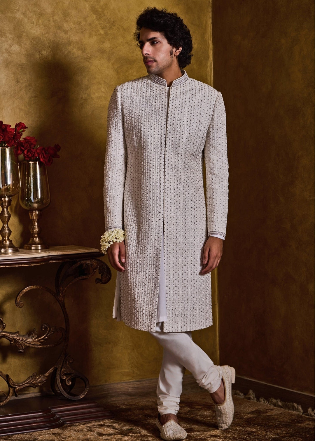 Ivory Embroidered Raw Silk Sherwani Set Nitika Gujral - Men - Fabilicious Fashion