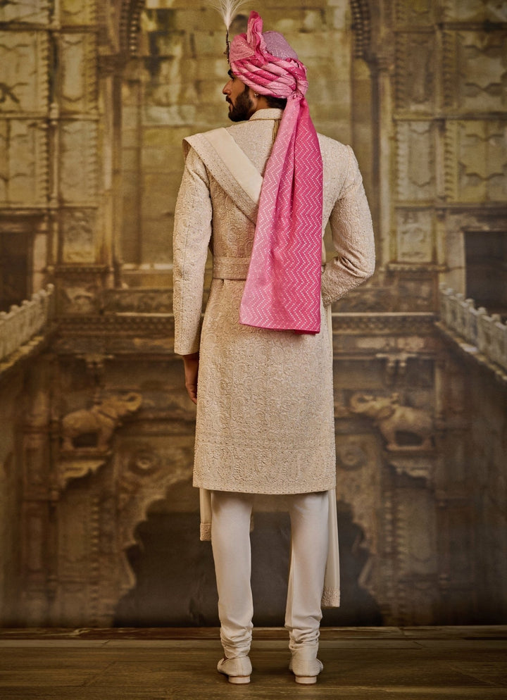 Ivory Embroidered Raw Silk Sherwani Set Nitika Gujral - Men - Fabilicious Fashion