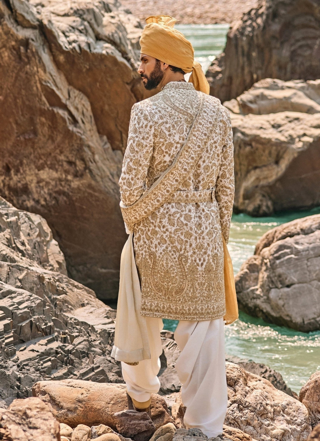 Nitika Gujral - Men Ivory Embroidered Raw Silk Sherwani SetFabilicious Fashion