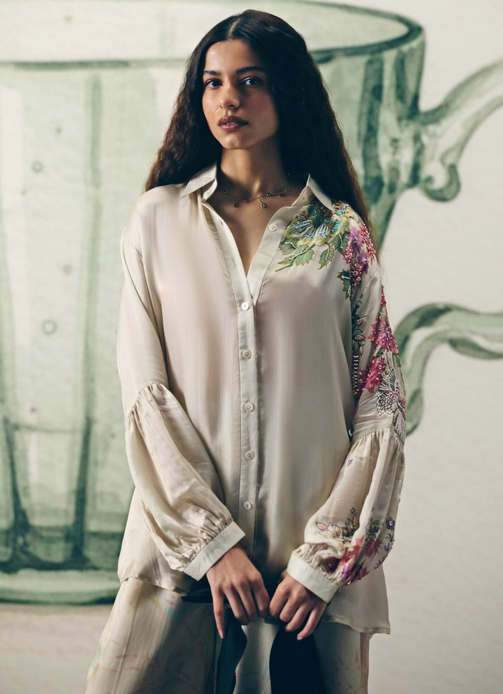 Ivory Embroidered Satin Co - Ord Set Paulmi and Harsh X Ease - Fabilicious Fashion