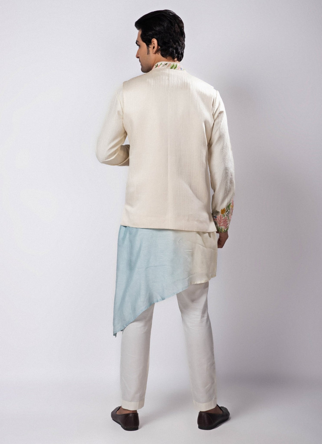 Ivory Embroidered Satin Nehru Jacket Smriti - Fabilicious Fashion