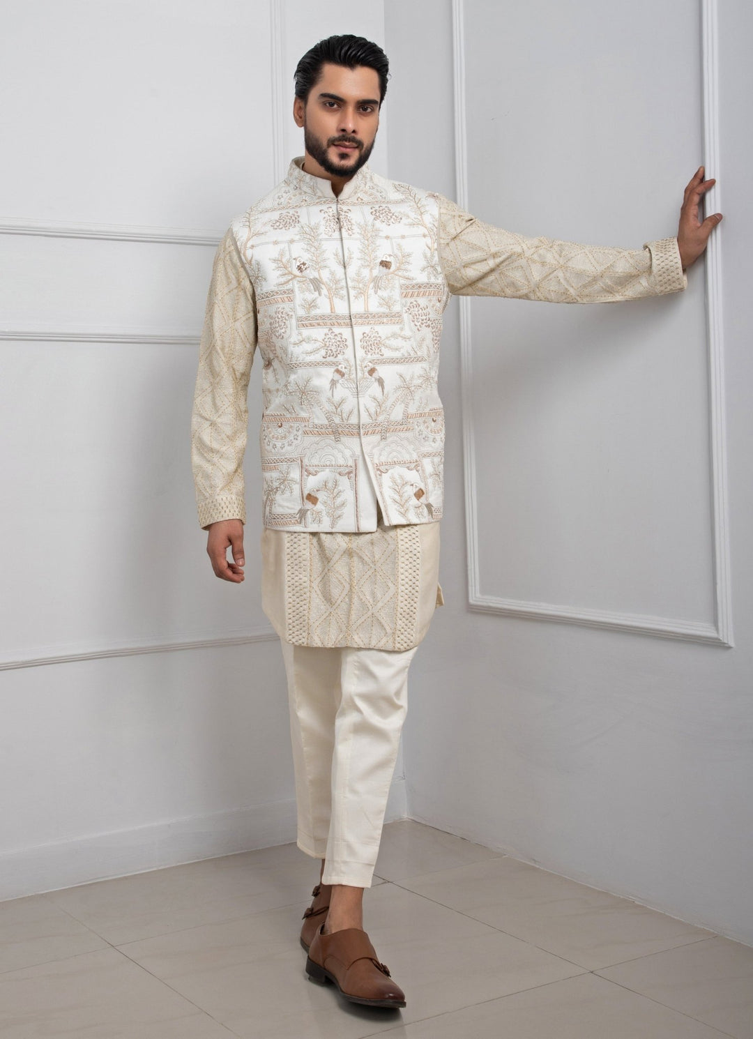 Ivory Embroidered Satin Nehru Jacket Smriti - Fabilicious Fashion