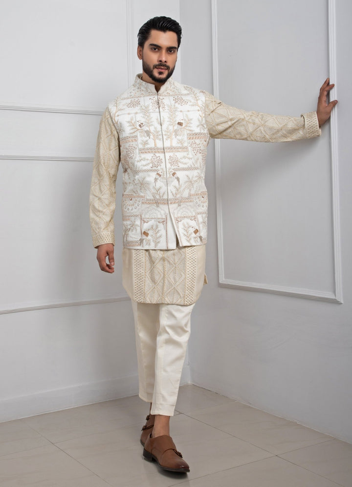 Ivory Embroidered Satin Nehru Jacket Smriti - Fabilicious Fashion