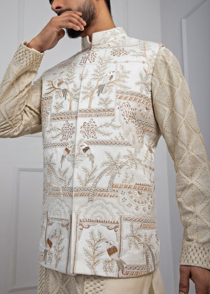 Ivory Embroidered Satin Nehru Jacket Smriti - Fabilicious Fashion