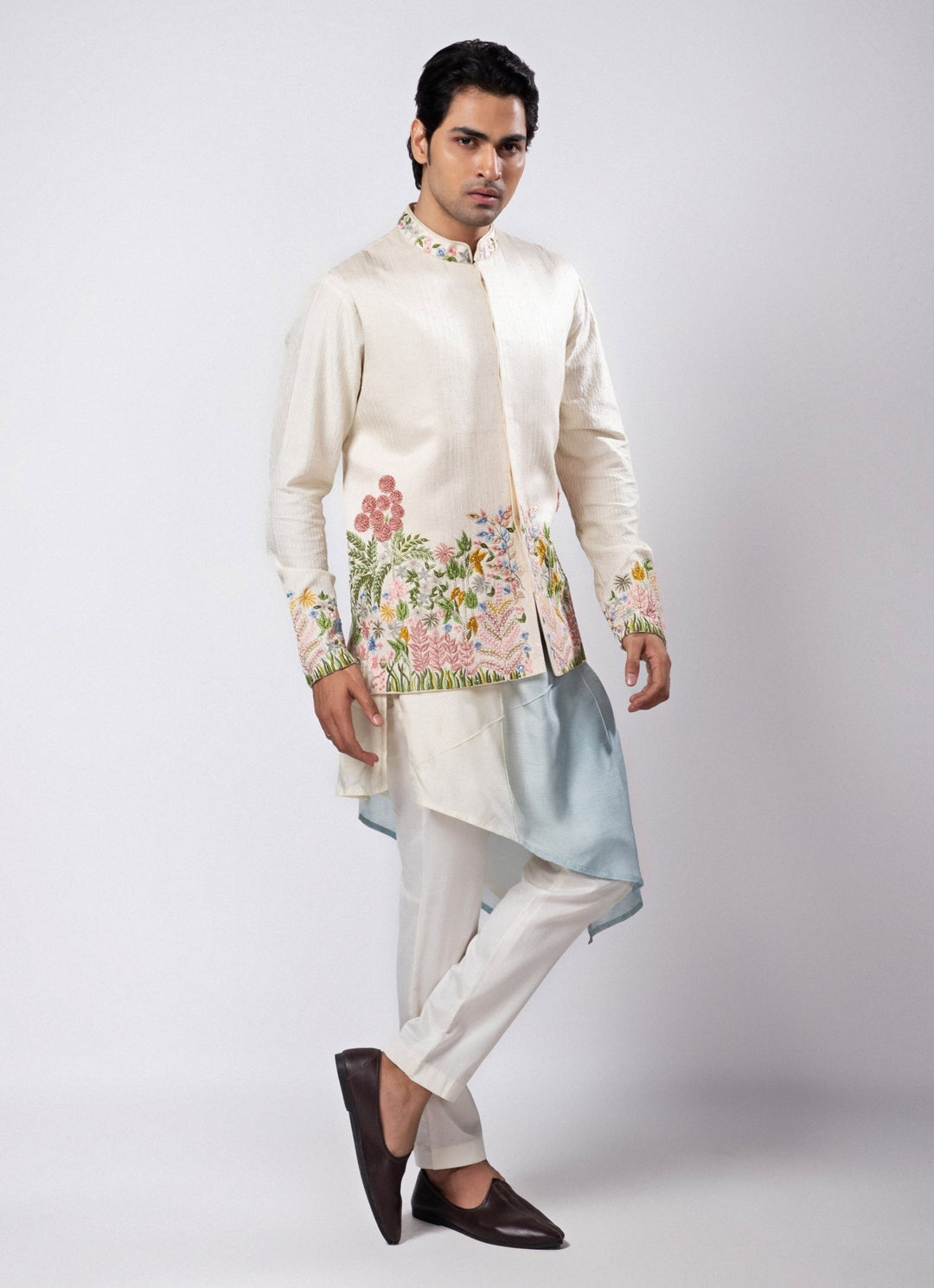 Ivory Embroidered Satin Nehru Jacket Smriti - Fabilicious Fashion