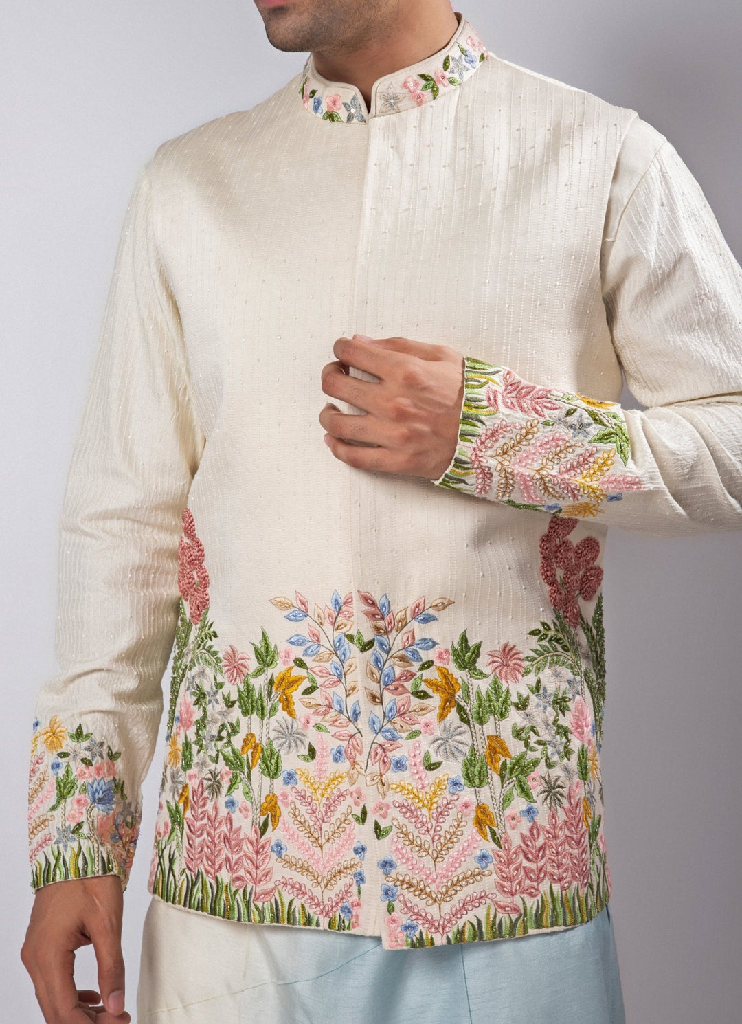 Ivory Embroidered Satin Nehru Jacket Smriti - Fabilicious Fashion
