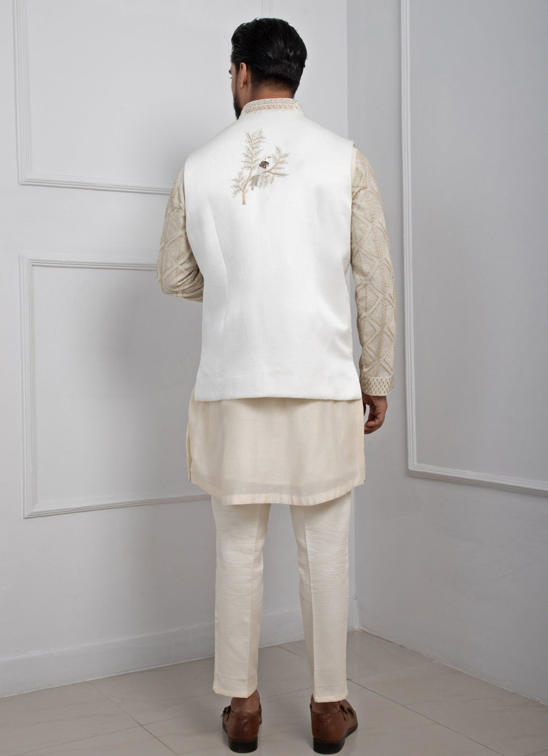 Ivory Embroidered Satin Nehru Jacket Smriti - Fabilicious Fashion