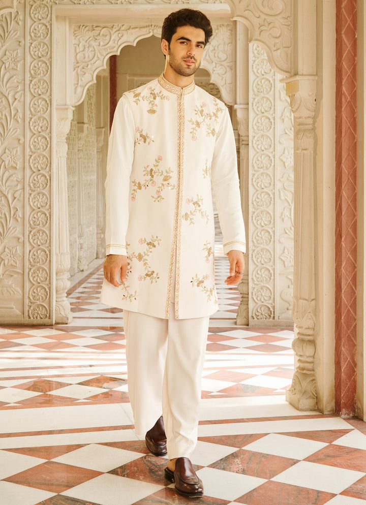 Ivory Embroidered Sherwani Set Contrast By Parth - Fabilicious Fashion