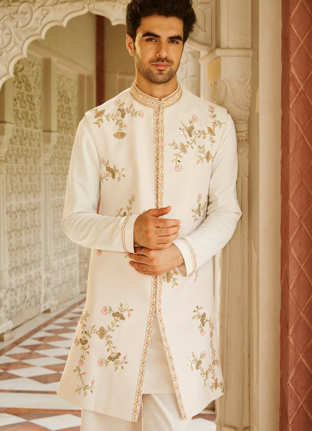 Ivory Embroidered Sherwani Set Contrast By Parth - Fabilicious Fashion