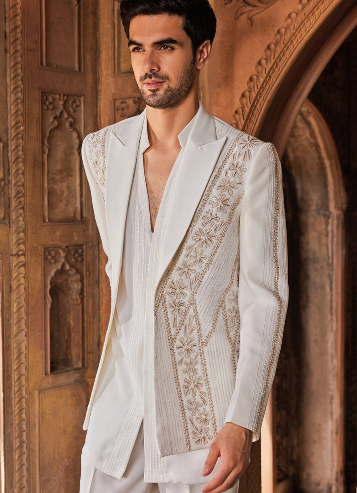 Ivory Embroidered Shirt Set With Jacket Contrast By Parth - Fabilicious Fashion