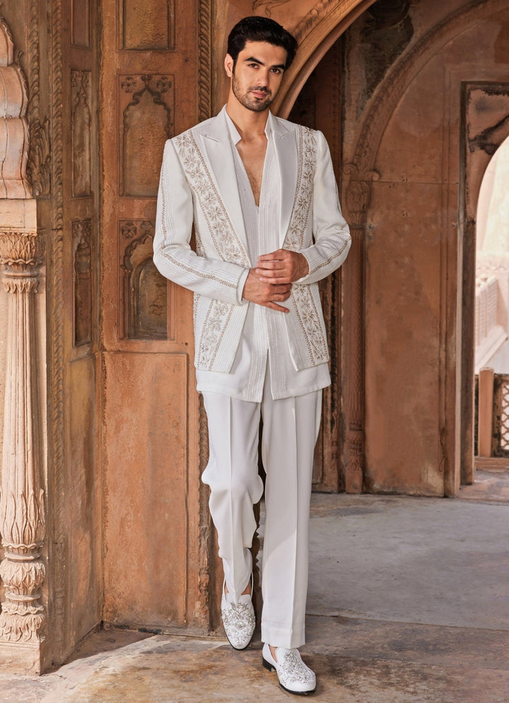 Ivory Embroidered Shirt Set With Jacket Contrast By Parth - Fabilicious Fashion