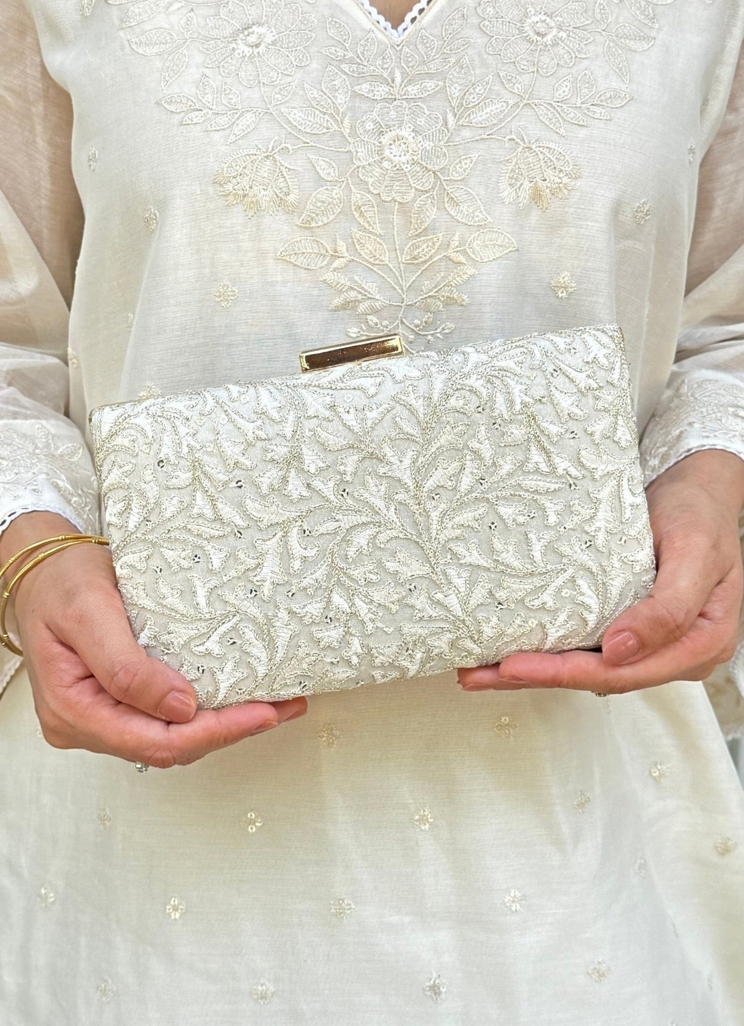 Ivory Embroidered Silk Clutch Amyra - Fabilicious Fashion