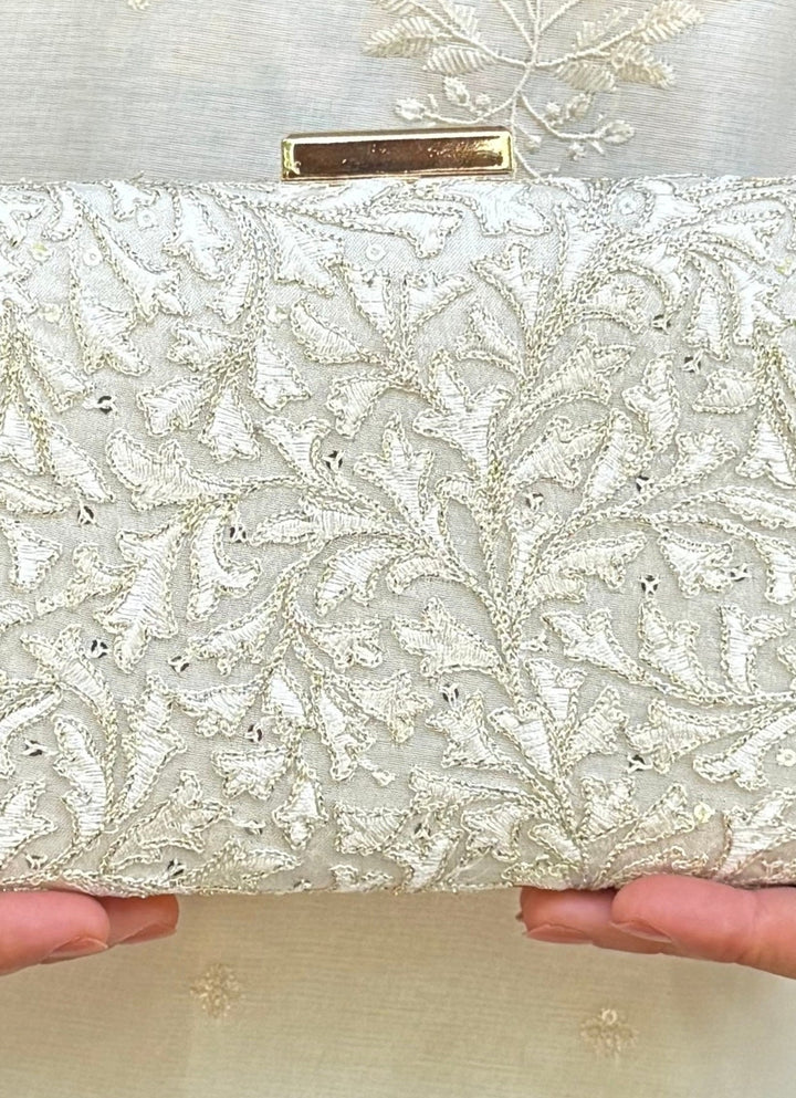 Ivory Embroidered Silk Clutch Amyra - Fabilicious Fashion