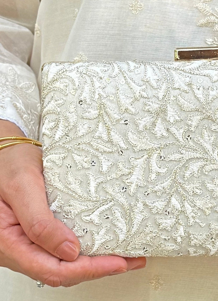 Ivory Embroidered Silk Clutch Amyra - Fabilicious Fashion