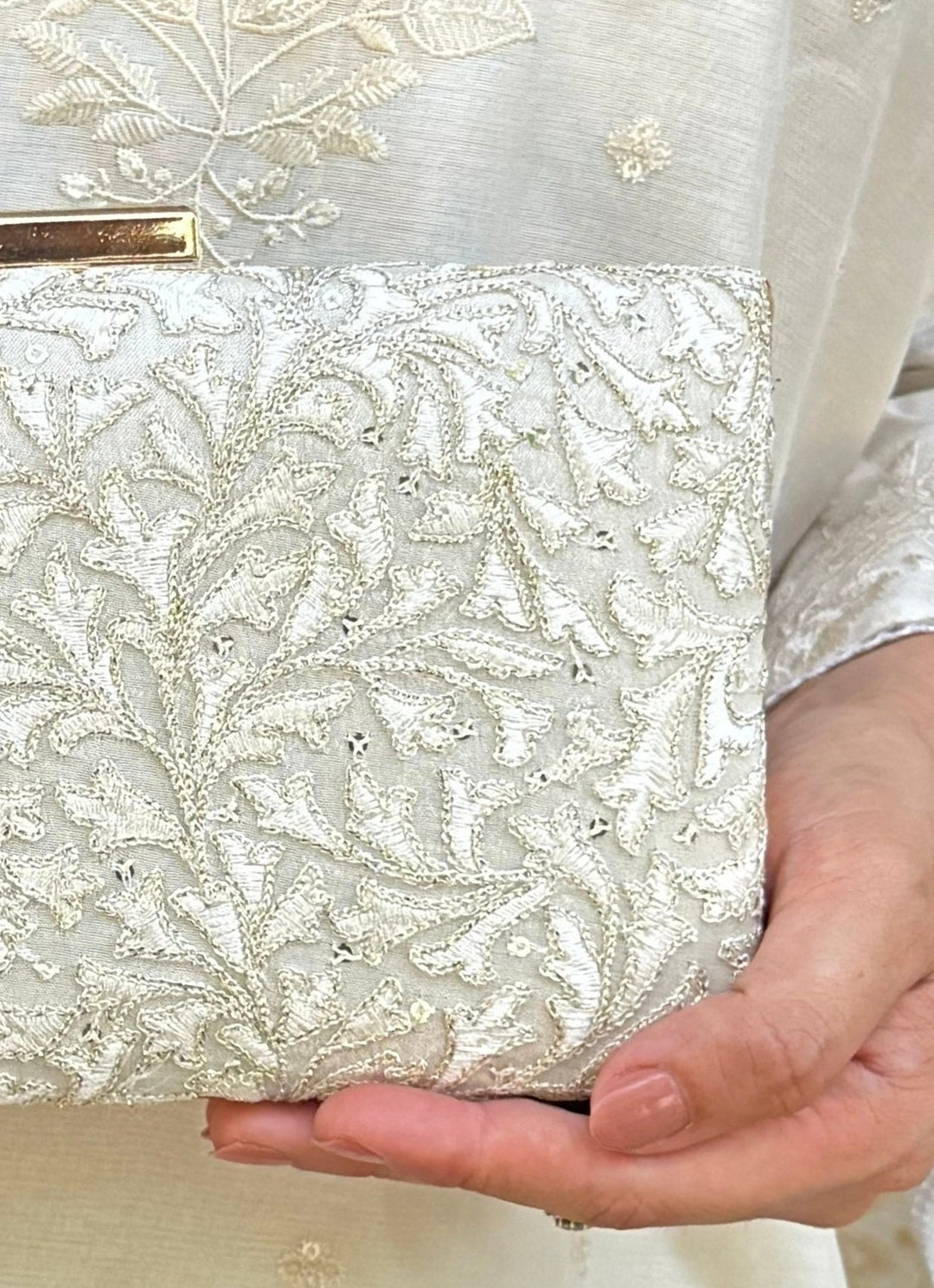 Ivory Embroidered Silk Clutch Amyra - Fabilicious Fashion