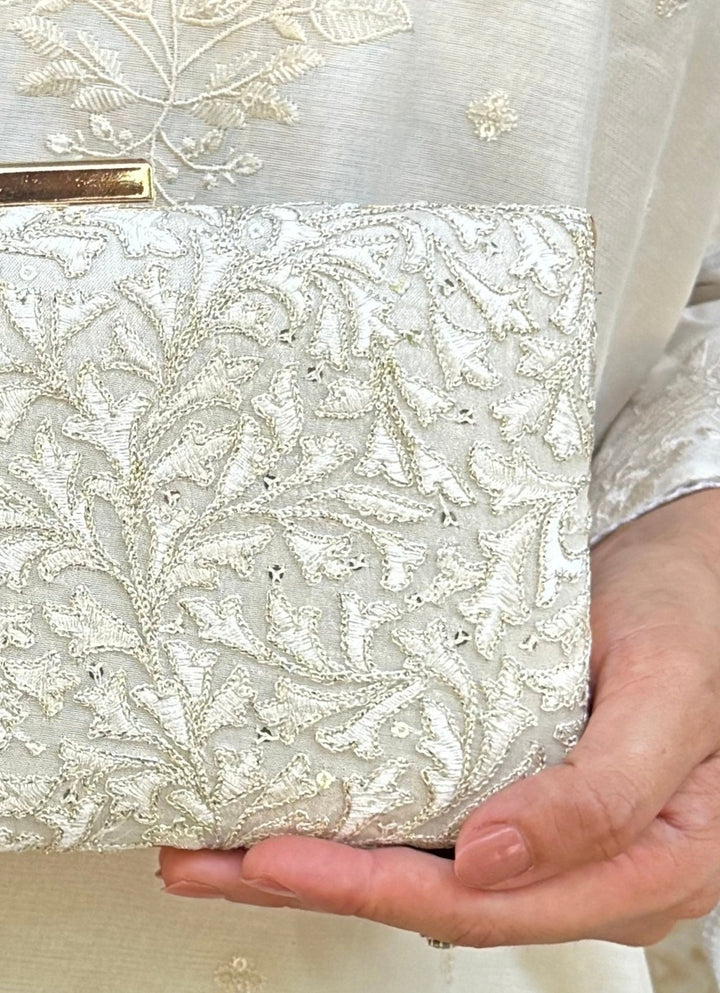 Ivory Embroidered Silk Clutch Amyra - Fabilicious Fashion