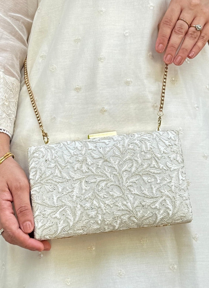 Ivory Embroidered Silk Clutch Amyra - Fabilicious Fashion