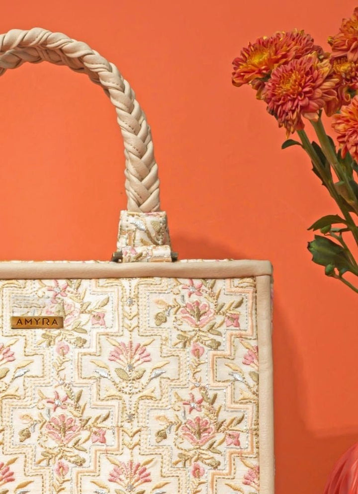 Amyra Ivory Embroidered Silk HandbagFabilicious Fashion
