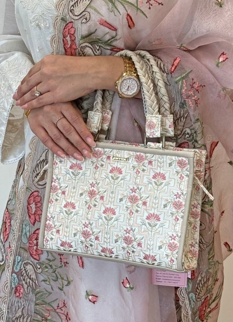 Amyra Ivory Embroidered Silk HandbagFabilicious Fashion